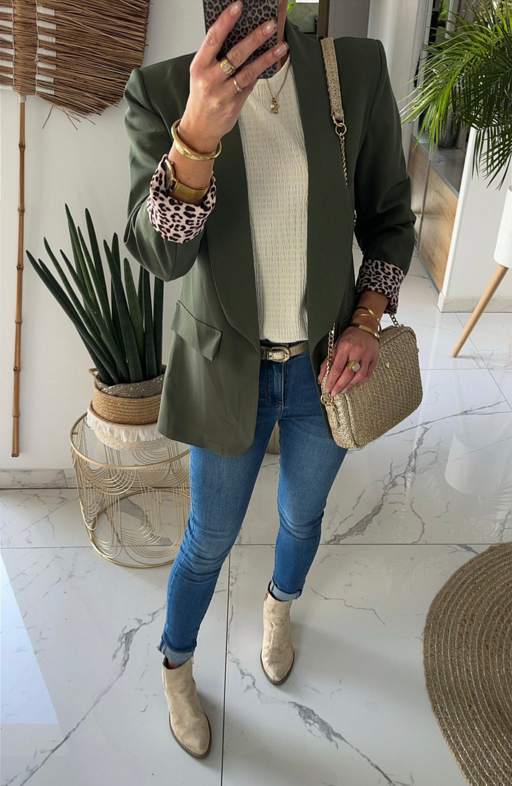Blazer kaki revers léopard