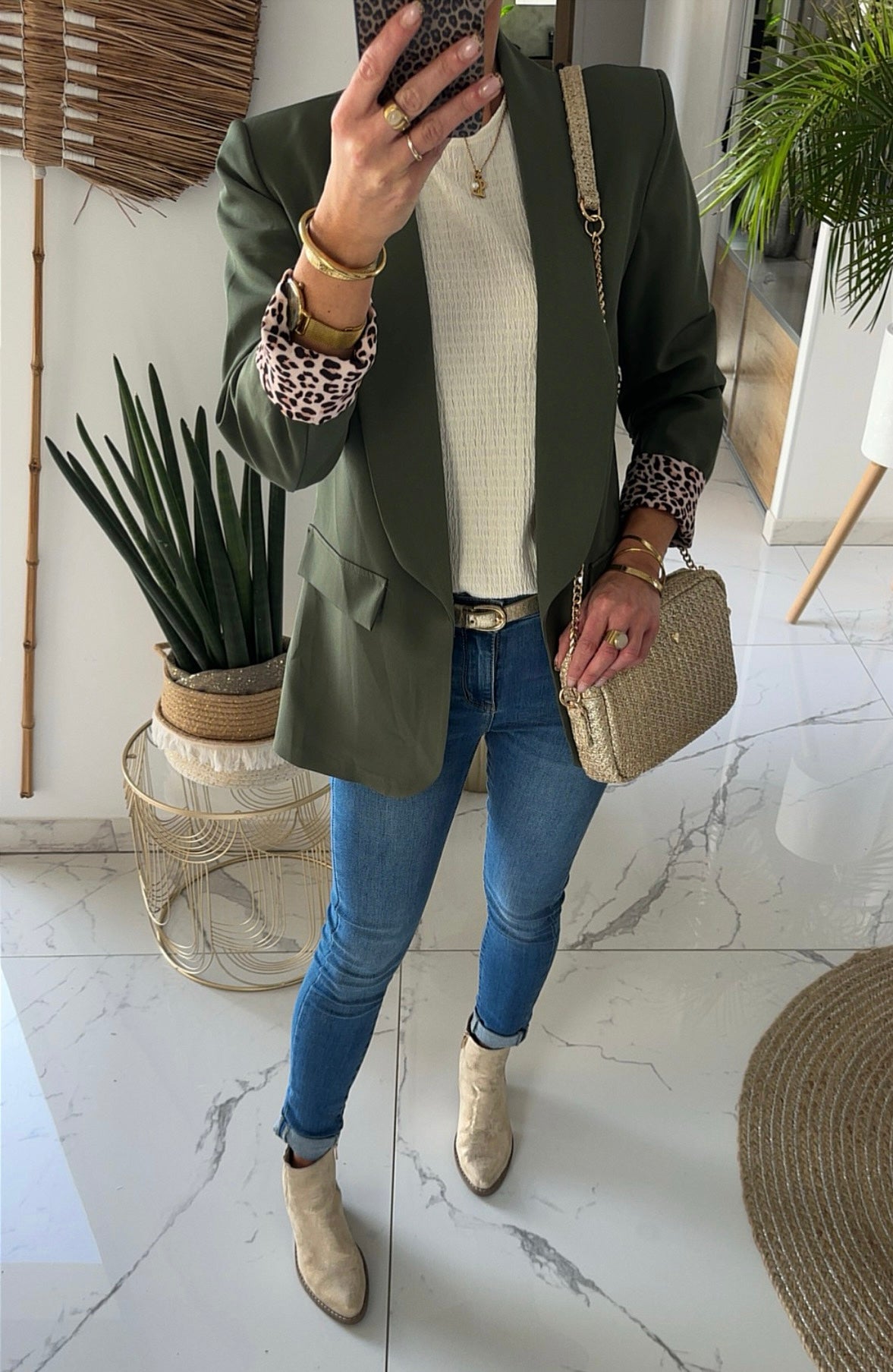 Blazer kaki revers léopard