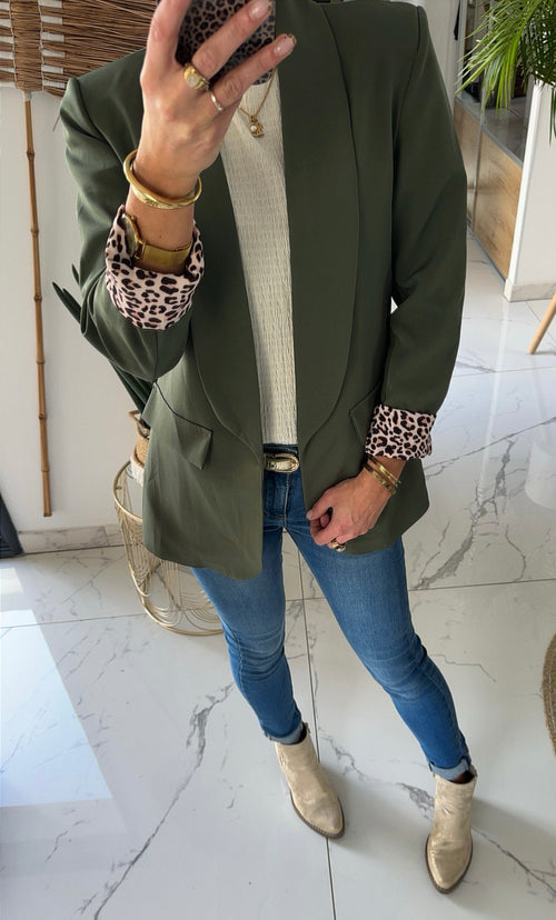 Blazer kaki revers léopard